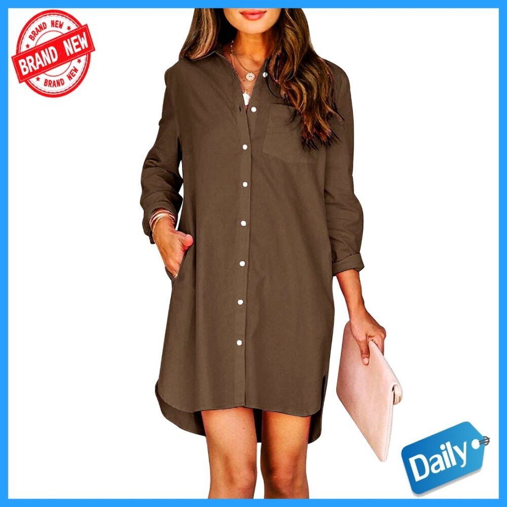 Button Down Shirt Dress Long Sleeve High Low Tunic with Pockets Casual Chic
